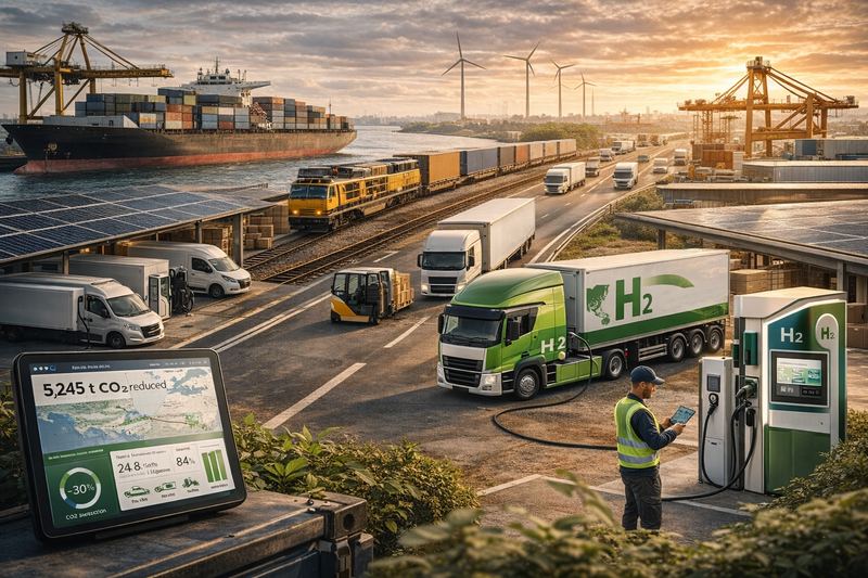 Hydrogen truck refueling at a green freight hub