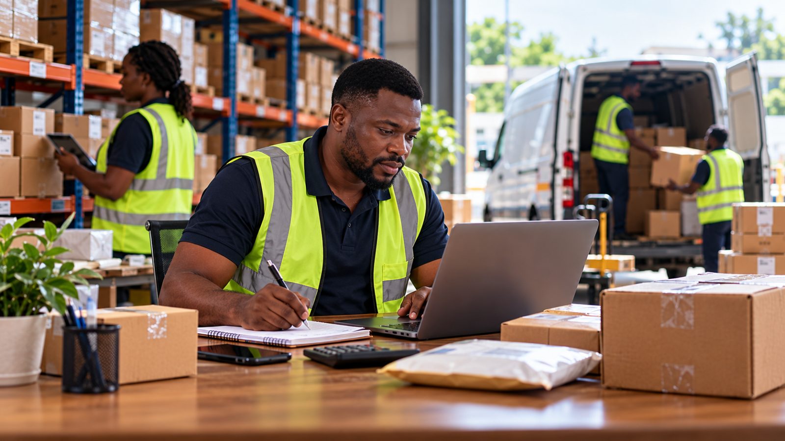 Logistics manager working on a laptop among parcels in a small warehouse