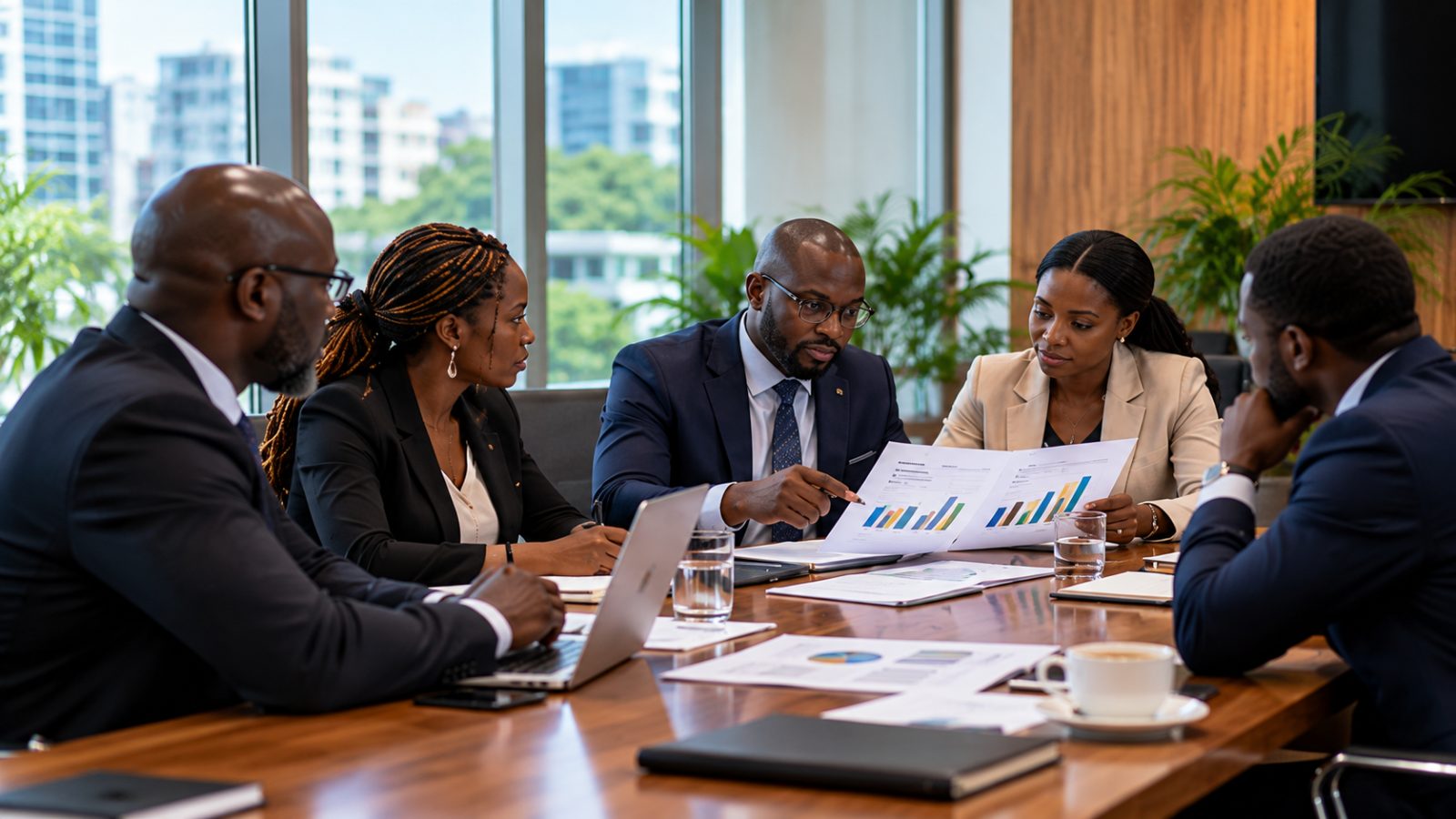 Finance team reviewing reports around a boardroom table
